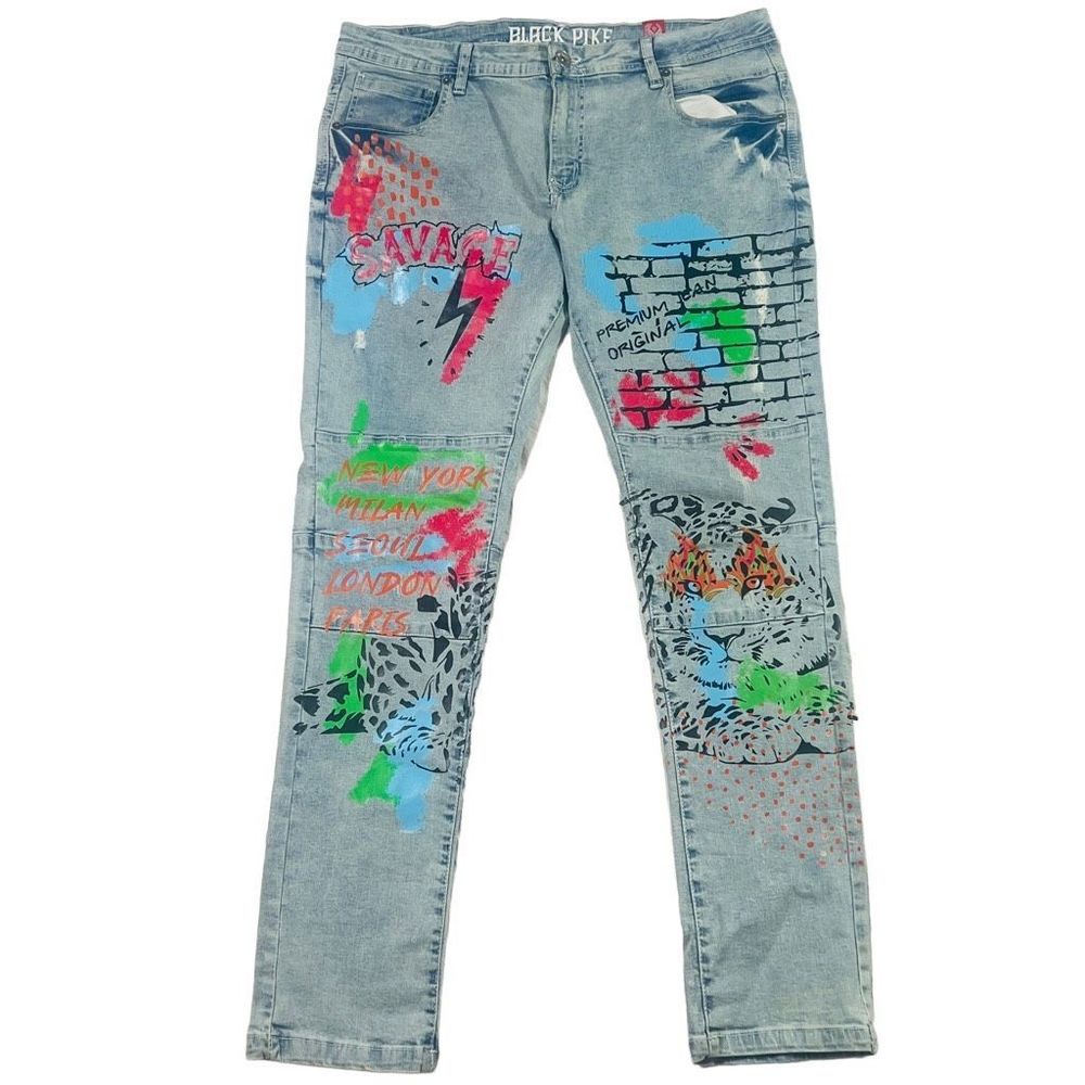 Black Pike Mens Graffiti Spray Paint Savage Distressed Stretch Skinny Denim Jean